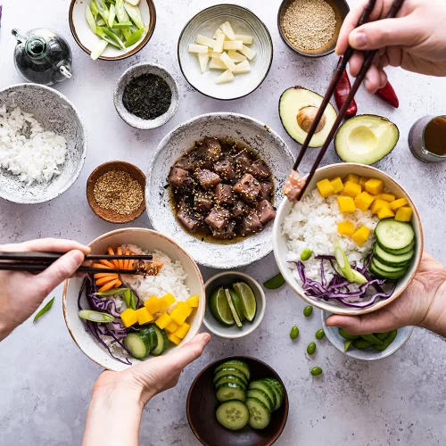 hawaiian-ahi-tuna-with-vegetables-flat-lay-photography